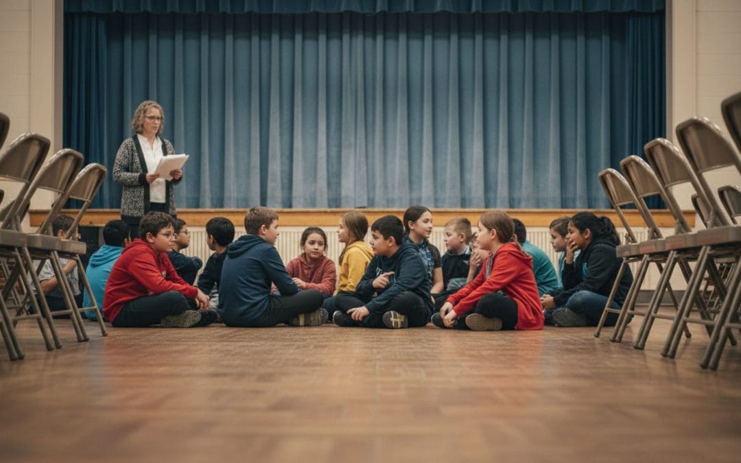 Students awaiting school assembly in Michigan auditorium