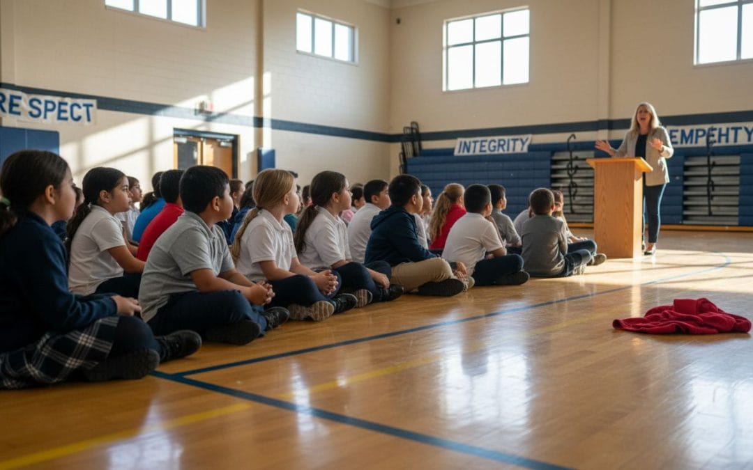 Students listening to assembly in gymnasium
