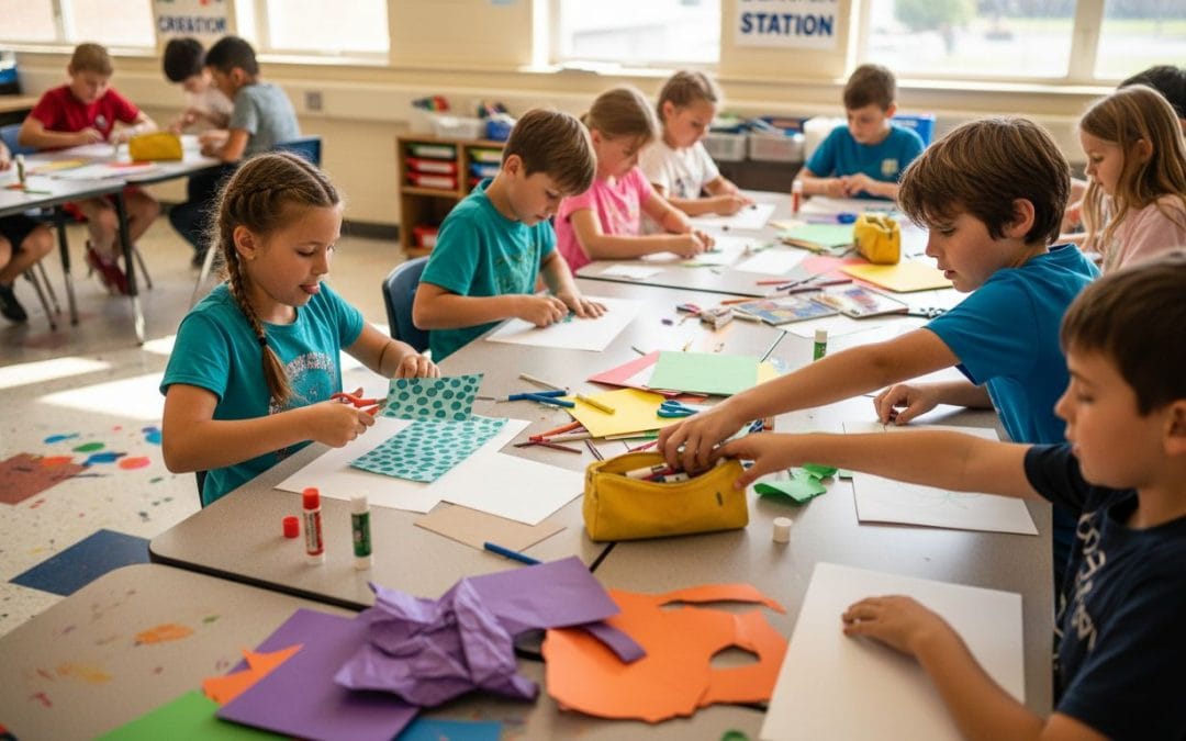Elementary students creating art projects together