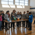 Students gathered for interactive school assembly activity