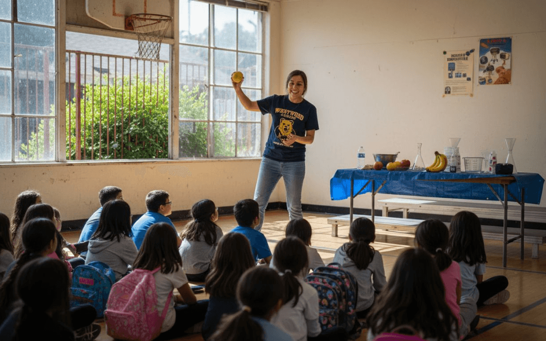 Students watching energetic school assembly in gym