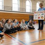 School students attending health education assembly