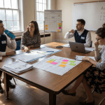 Educators planning school assembly together at table