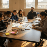 Diverse students and teachers planning around table