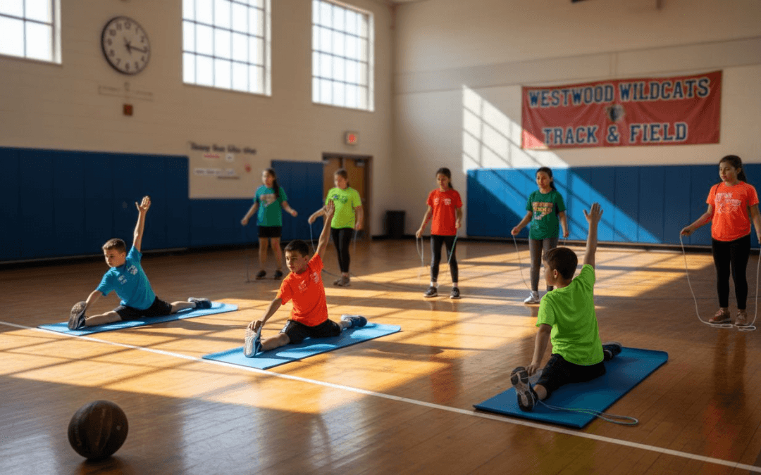 Students exercising in a school gymnasium