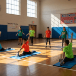 Students exercising in a school gymnasium