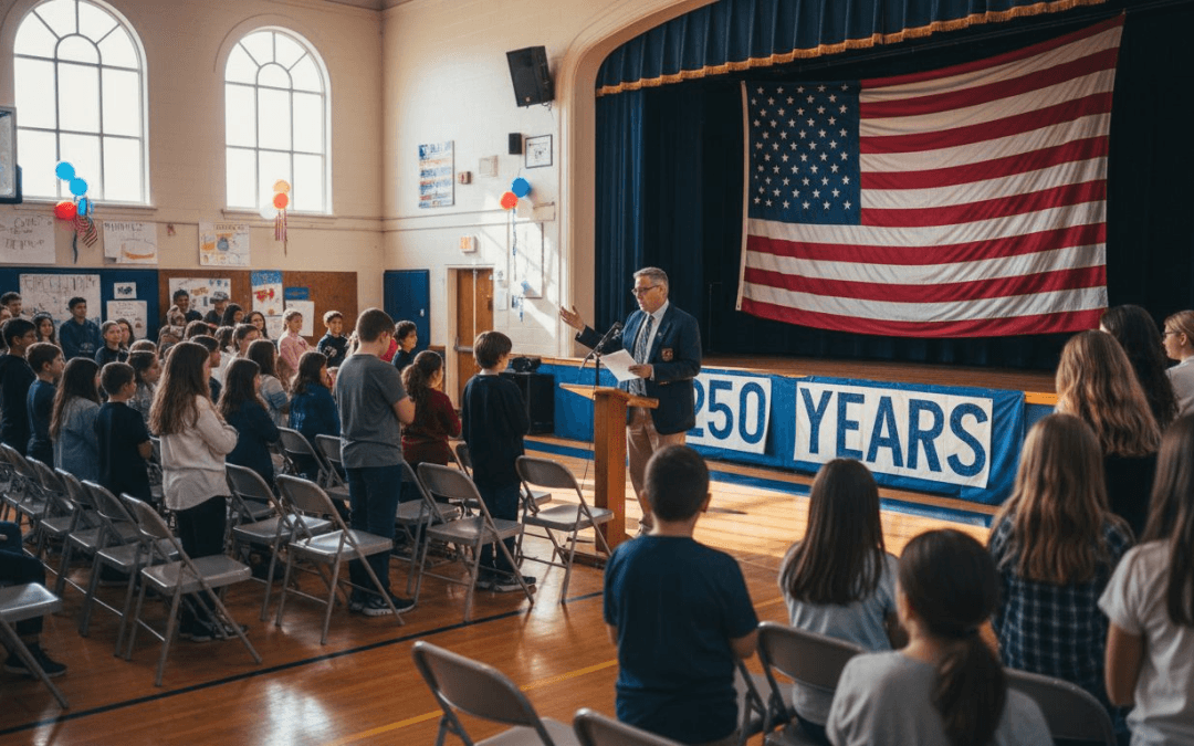 Students at patriotic school assembly with flag