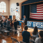 Students at patriotic school assembly with flag