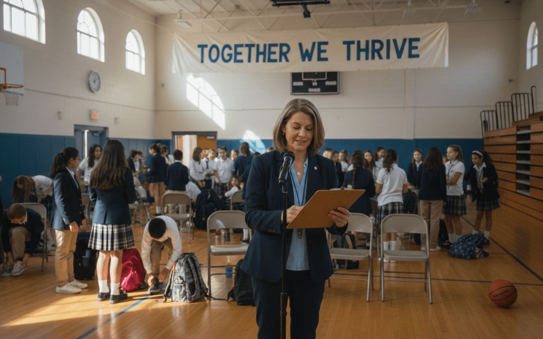 Students and principal in school assembly setting