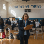 Students and principal in school assembly setting