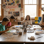 Students painting together in lively art classroom
