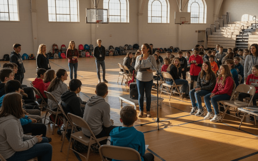 Diverse students at school assembly in gym