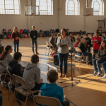 Diverse students at school assembly in gym