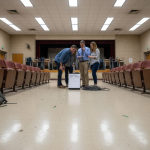 Team planning school assembly in auditorium