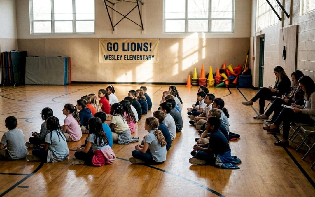 Students watching school assembly in gymnasium