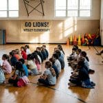 Students watching school assembly in gymnasium