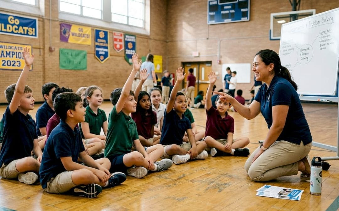 Students participating at school assembly with presenter