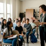 Teacher leading engaged school assembly group