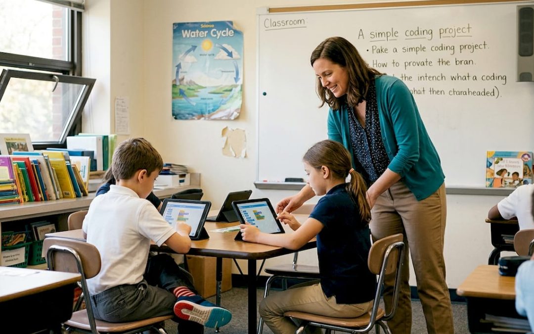 Teacher guides students in coding lesson