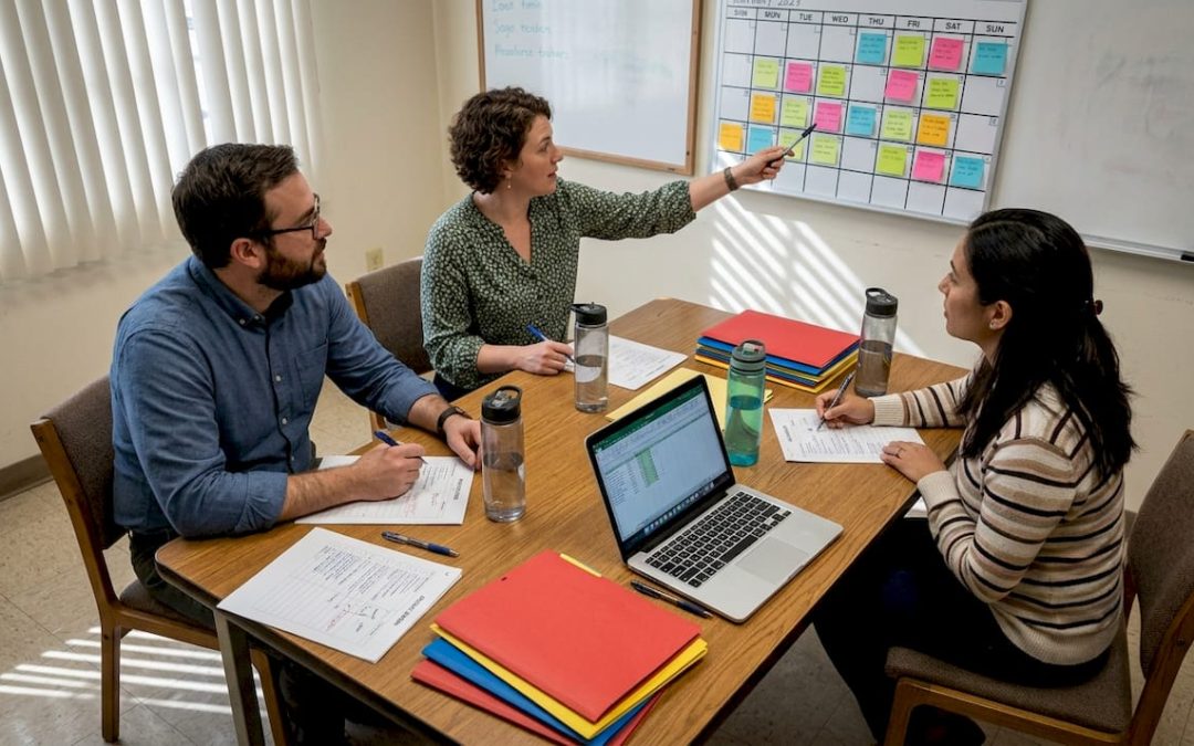 Teachers planning end-of-year assembly together
