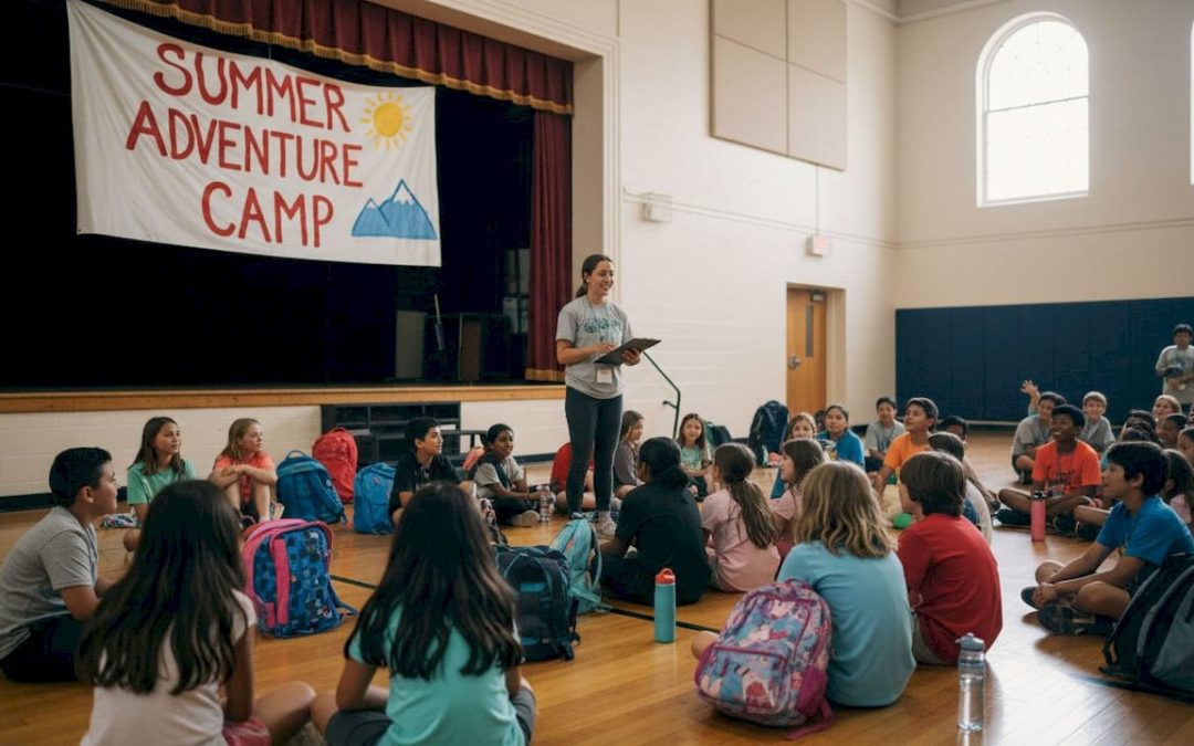 Students listening attentively at camp assembly